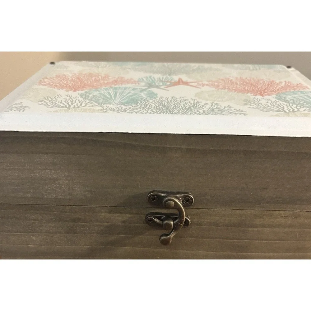 Coastal Set of 3 Wooden Decorative Storage Boxes w/ Lid, Nautical Floral Design